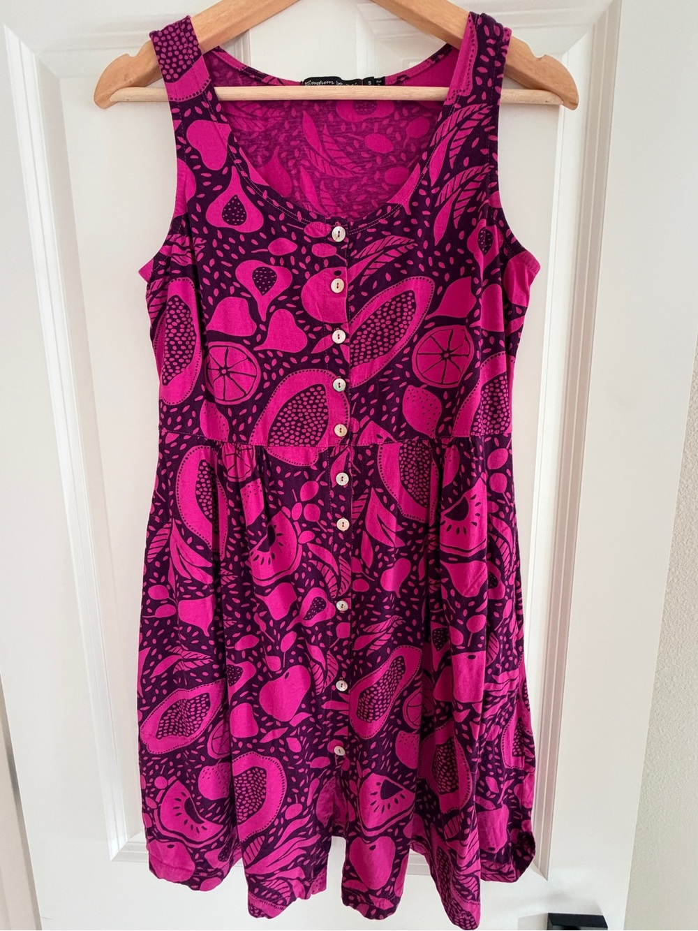 Gudrun Sjoden Fruit Print Pocketed Button-up Sleeveless Cotton Dress Lagenlook S